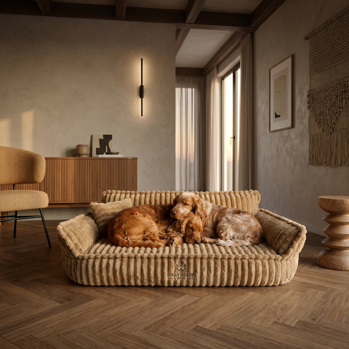 A cozy ribbed corduroy dog bed in a warm beige tone, styled in a modern, sunlit living room with two dogs resting inside. 
