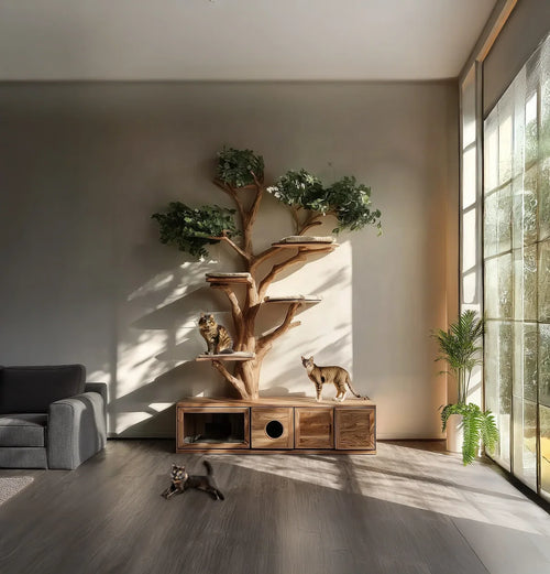 Handmade wooden cat tree tower with natural branches, leafy canopy, cushioned climbing platforms and cabinet-style base, displayed with cats in a modern living room.
