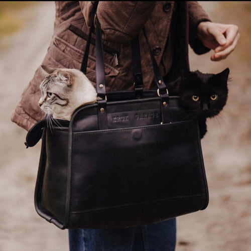 Luxury full\-grain leather pet carrier tote bag with a quilted interior and opening for a small dog or cat\.